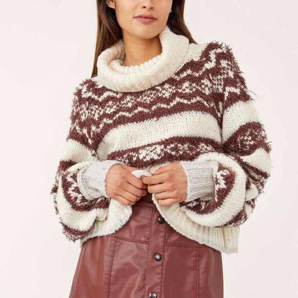 Free People Women's Check Me Out Pullover Sweater Size Small Brown Cream - Picture 2 of 14